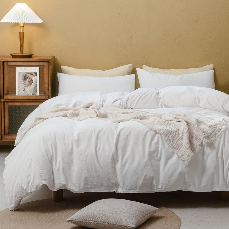 FOSSA White Duvet Cover Set, 100% Washed Cotton Linen Feel Super Soft Breathable Cozy 3 Pieces Bedding Sets Solid Off White King - Image 1